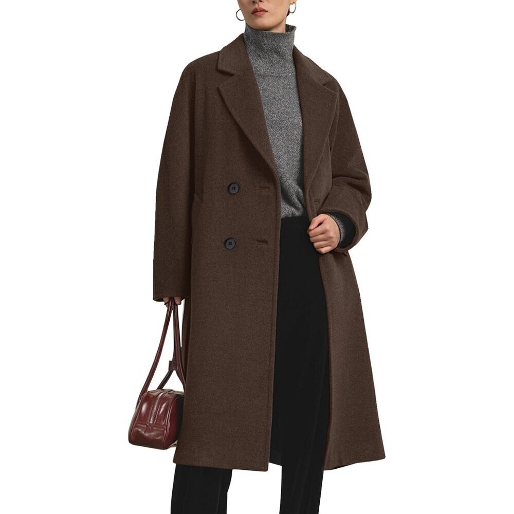Women's Brown Long Pea Coat Notch Lapel Trench Coat Fall Winter Overcoat